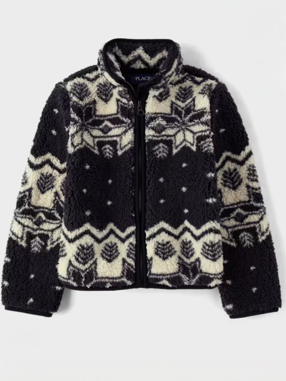 The Children's Place Fair Isle Pattern Print Sherpa Zip Jacket Black Cream XS 4
